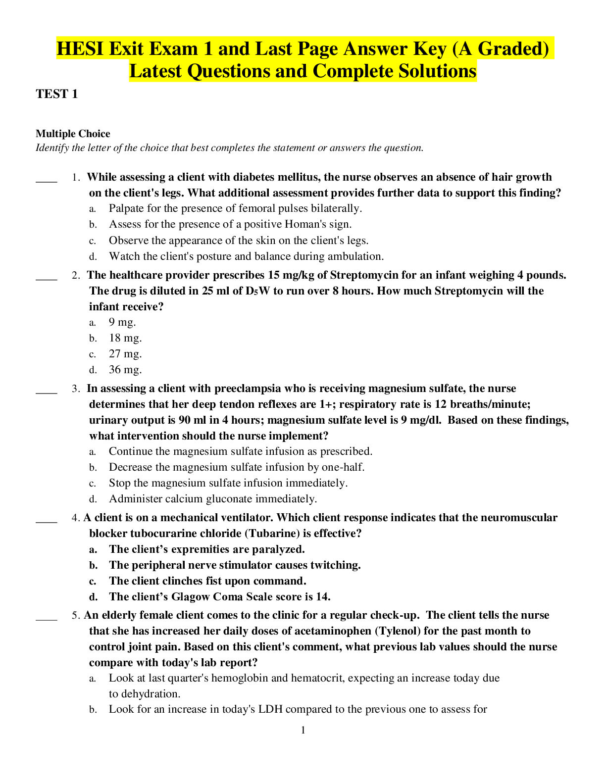 Preview image for HESI Exit Exam 1 (2021 Exam Guide)  All Complete Questions and Answers Key Exams Study Guide Graded A